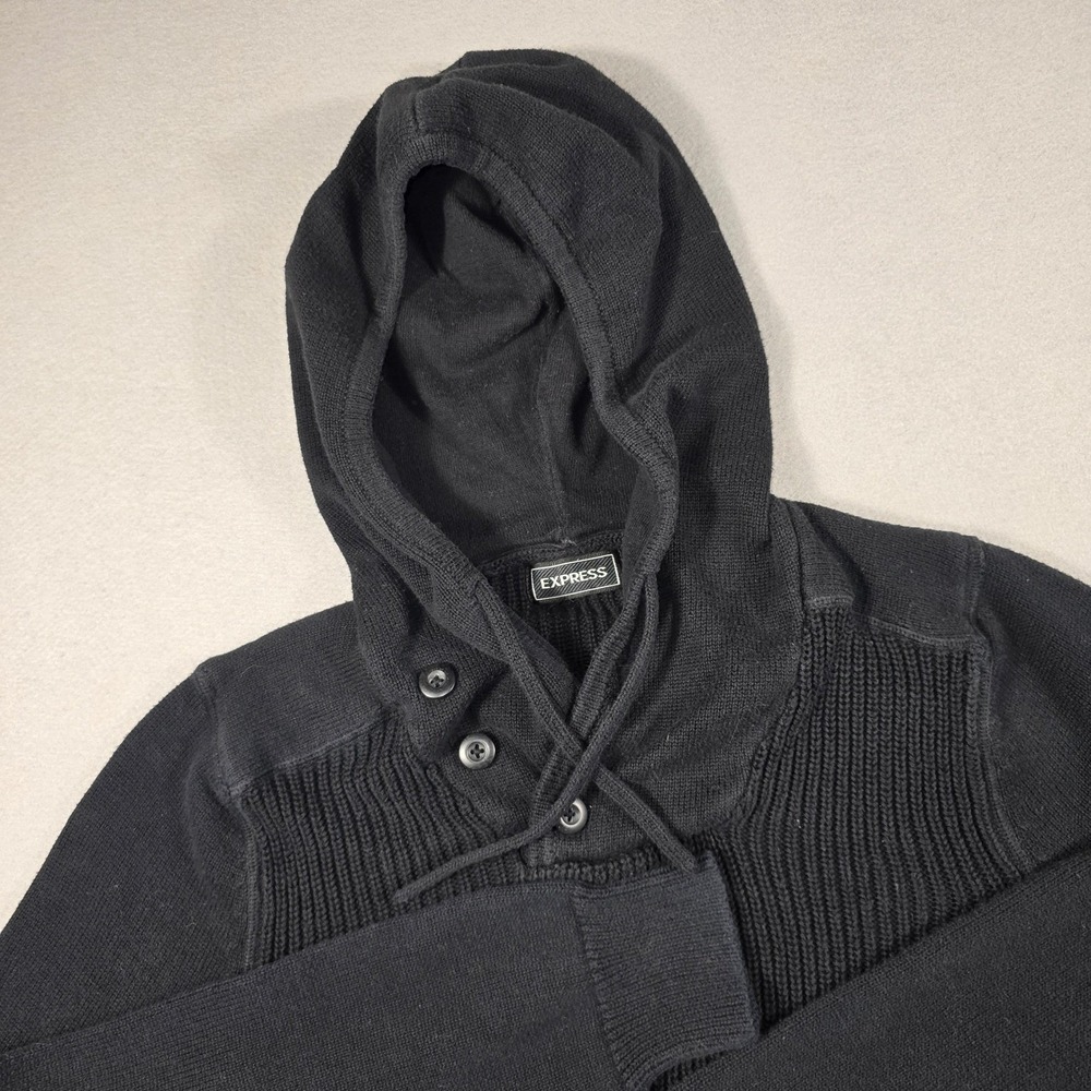 Express Mens Medium Black Sweater Hoodie Button Neck Ribbed Knit‎ Military ID